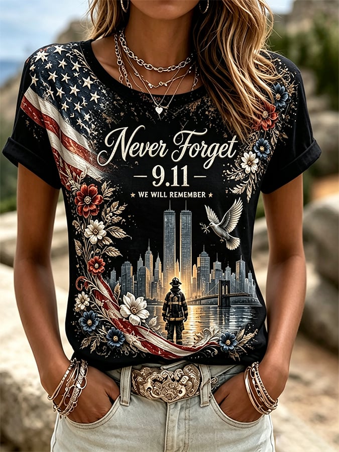 Women's Retro 9.11 Never Forget Print T-shirt